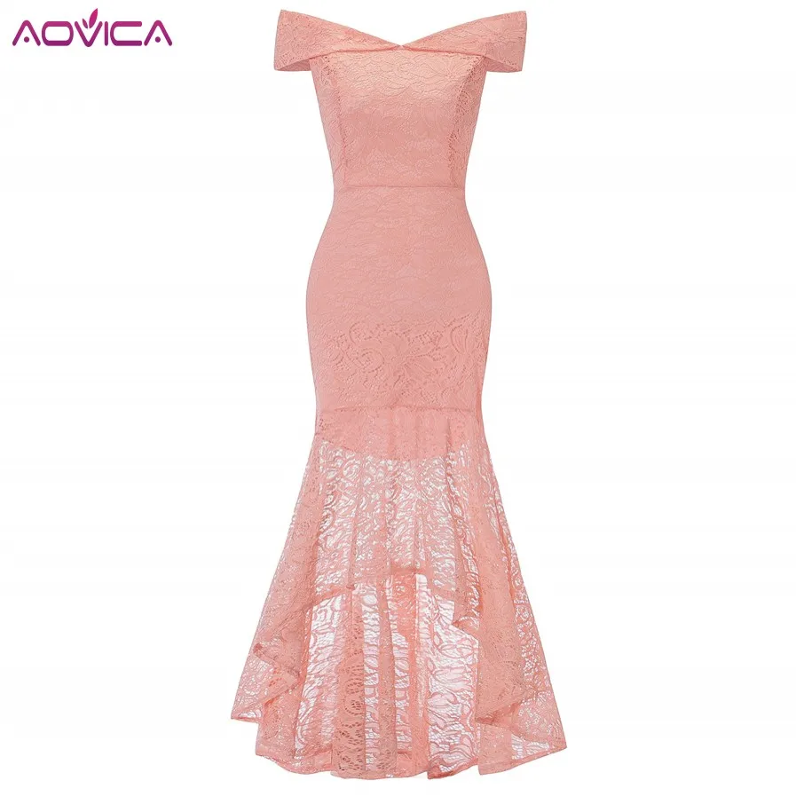

Women Formal Wedding Bridesmaids Lace Long Dress 2019 Fashion Off Shoulder Elegant Mermaid Pink Party Maxi Dresses Lace Vestido