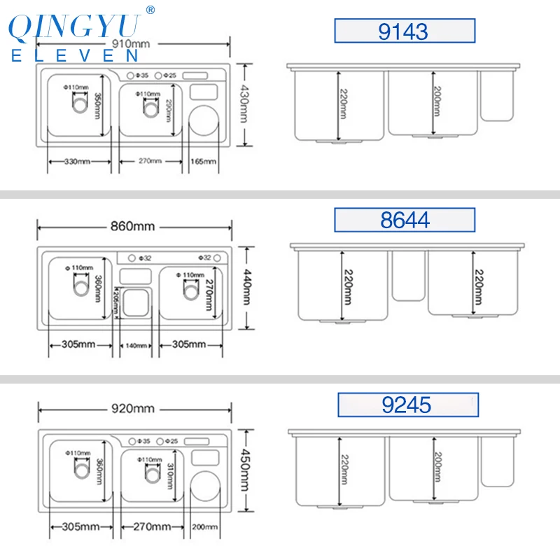 SUS 304 кухонная раковина из нержавеющей стали Тройная чаша 220 мм Глубина раковины над счетчиком или установка под креплением многофункциональные раковины