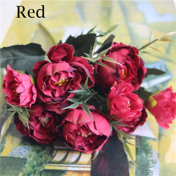1 букет 28 см европейские пионы искусственный домашний декор Шелковый цветок дешевые мини-цветы из ткани Искусственные цветы Свадебные украшения DIY - Цвет: Red