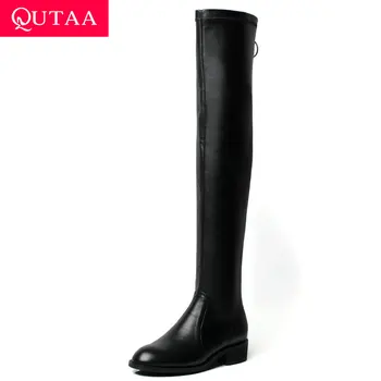 

QUTAA 2020 Metal Buckle Zipper Over The Knee Boot Genuine Leather Round Toe Square Middle Heel Comfortable Women Boots Size34-42