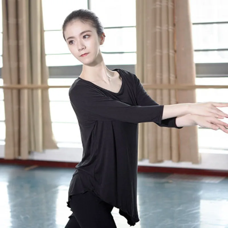 Летний модальный длинный рукав современный танец футболка Профессиональный балетные топы для женщин Бальные Йога Танго одежда - Цвет: Black