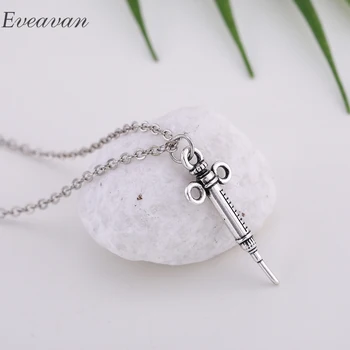 

EUEAVAN 30pcs Antique Silver Plated Medical Injection Needle Pendant Necklace Women Men Jewelry Gift Link Chain