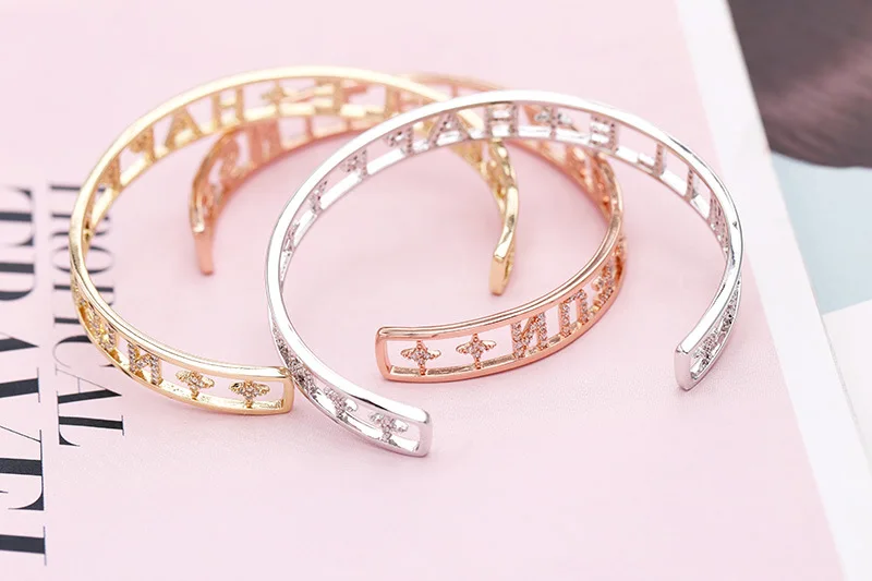 Розовые золотые, серебряные, полые буквы с кристаллами браслеты на счастье круг медный браслет женские браслеты ювелирные изделия Прямая поставка