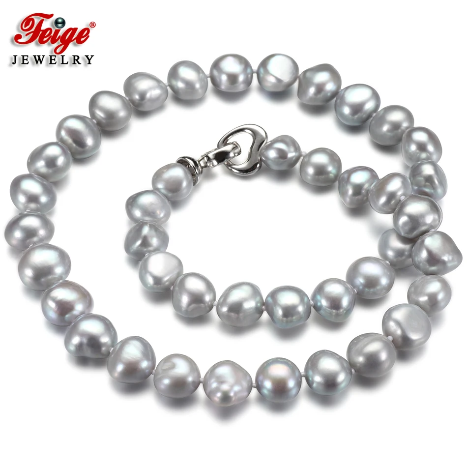 

FEIGE Pearl Necklace 10-11mm Gray Baroque Freshwater Pearl Choker Necklaces High Quality Fine Jewelry for Women Jewelry Collares