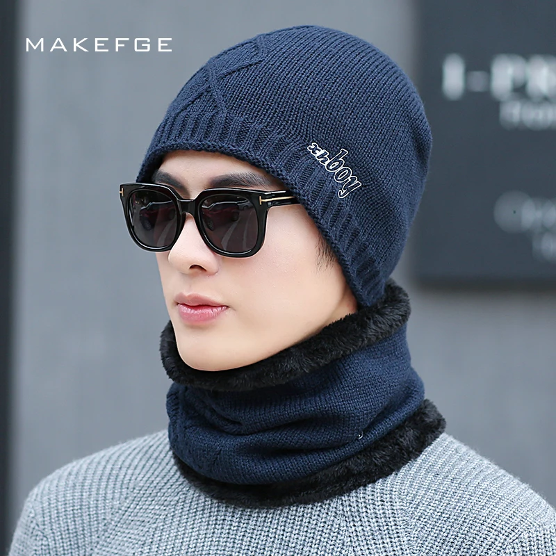 Winter men's knitted cotton hats warm and comfortable loose ski scarf mask caps exquisite embroidery plus velvet thick Beanies |