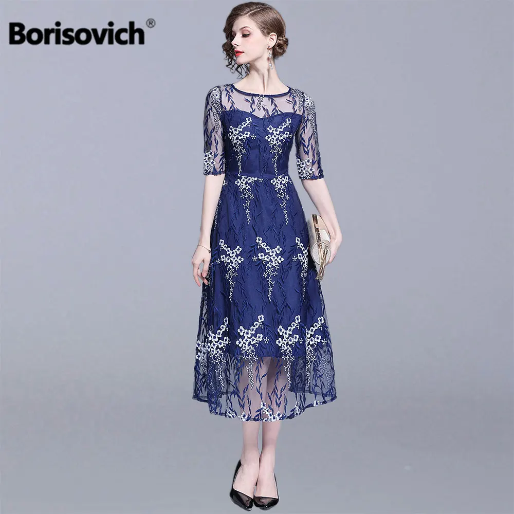 

Borisovich Ladies Elegant Party Dresses New Brand 2019 Summer England Style Luxury Mesh Embroidery Women A-line Long Dress N1260