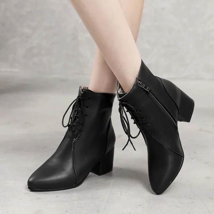 

Big Size 11 12 13 14 Medium heel lace-up lady's ankle boot Martin boot Pointed Side zipper To keep warm