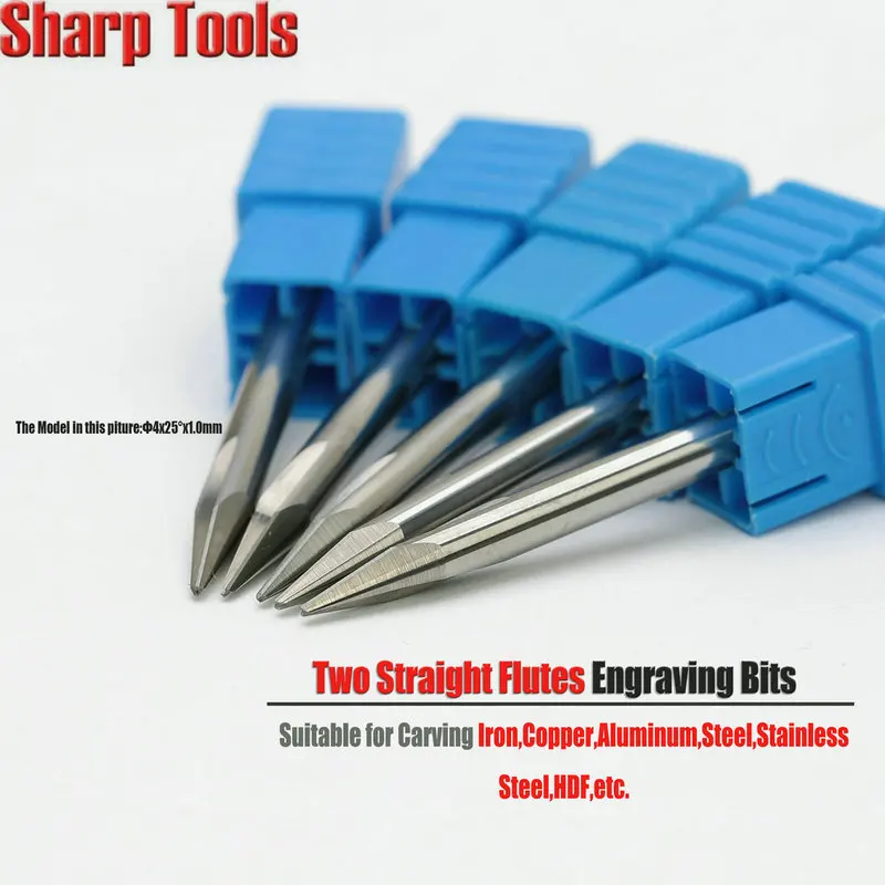 25 Degree 2 Flutes Straight Cutter End Mills V Engraving CNC Router Bits for Aluminum Metal Tungsten Steel Milling Tools