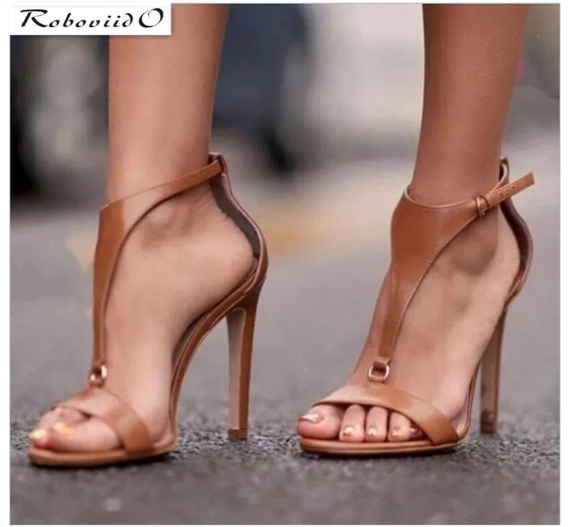 

RoboviidO 2019 NEW Brown T Strap Stiletto Heels Open Toe Sandals for Women Summer Buckle Strap Gladiator Sandal High Heels Shoes