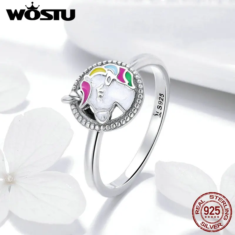 WOSTU, Новое поступление, 925 пробы, серебряные, милые, единорог, красочные кольца для женщин, серебряные, свадебные, модный подарок для ювелирных изделий CQR388