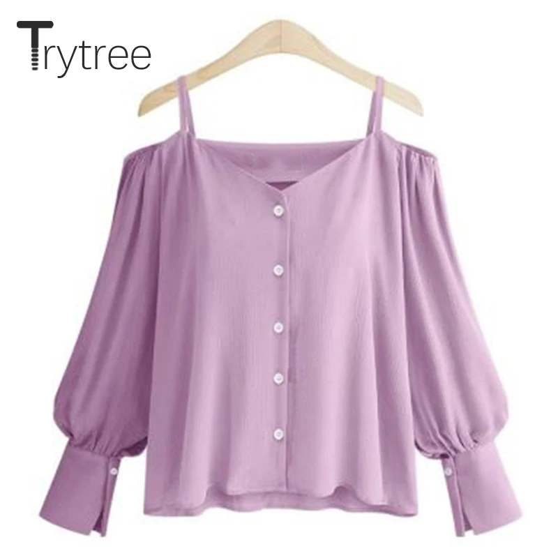 

Ttytree Spring Summer Blouses Casual Slash neck shirt Women Polyester Full Lantern sleeve Soild Single-breasted Tops Shirts