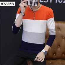 Patchwork Mens Sweater Warm Stripes Stitching Sweaters Casual Hit Color Patchwork V-neck Pullover Men Knitted Sweater for Men