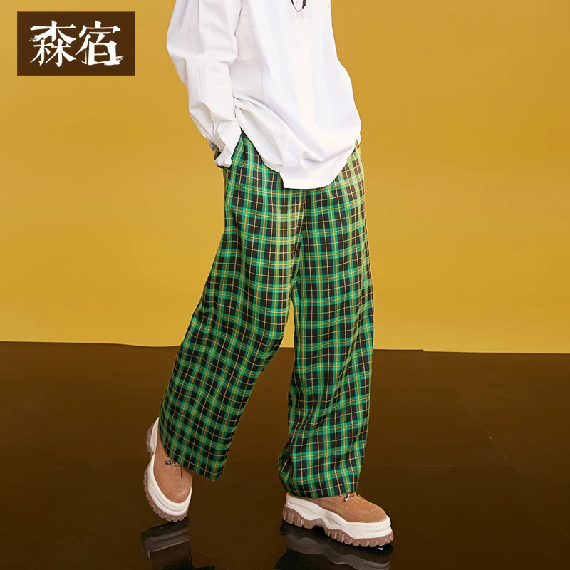 

Casual Pants 2019 Spring Stylish Plaid Women Pants Vintage Wide Leg Pants Japan Elastic Waist Straight Loose Office Lady Pants