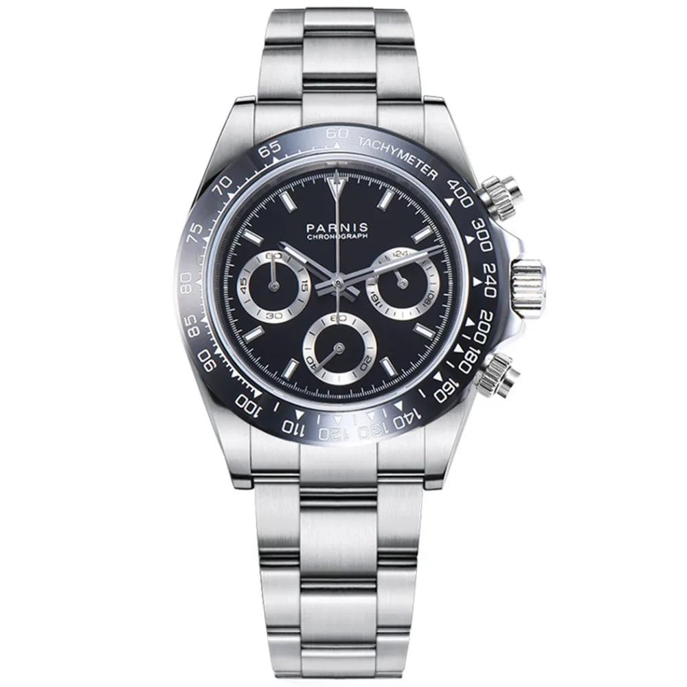 Parnis Commender Seriers светящийся мужской ремешок из нержавеющей стали Военный Спортивный Хронограф Кварцевые наручные часы