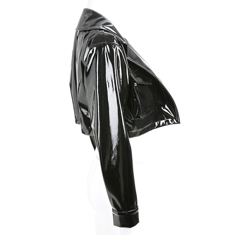 Waatfaak тонкая куртка из искусственной кожи, женское черное пальто, уличная одежда с отложным воротником, укороченный Топ с длинным рукавом и карманами, куртка-бомбер с блестками