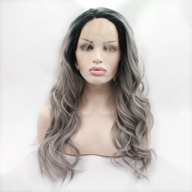 Sylvia черный и серый два тона прямое, Омбре парик синтетические кружева передние парики термостойкие волокна волос для женщин - Цвет: T1B/светло-серый