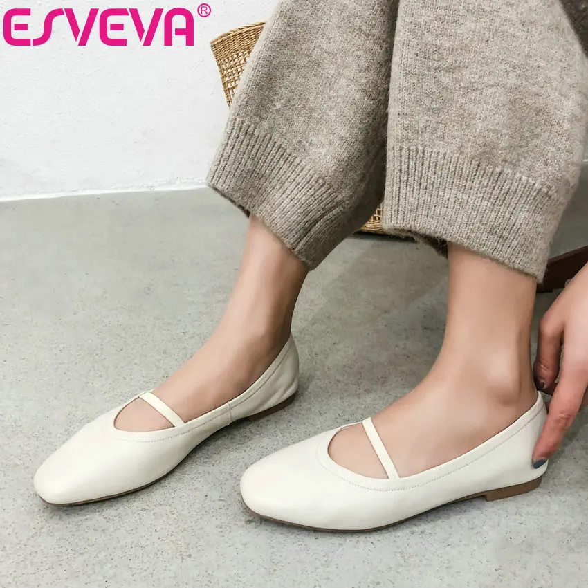 

ESVEVA 2019 Women Flat Shoes Spring Autumn Casual Lace Shallow Round Toe PU Soft Cow Leather Miss Shoes Shallow Basic Size 34-40