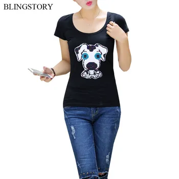 

BLINGSTORY New Summer Cute Dog Cotton T-shirts Reversible Sequin Changing Color Tees Shirts Large Size Women Tops LP5218002