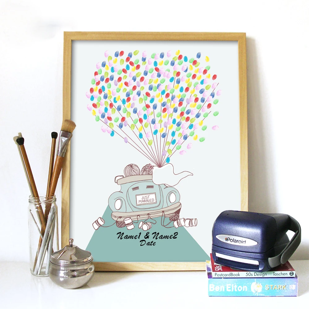 

Personalized Bride Groom Names Wedding Date Fantastic Wedding Car Fingerprint DIY Canvas Guestbook For Wedding Anniversary Decoration (Ink Pad Included)