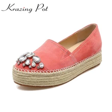 Соломенные лоферы из натуральной кожи с круглым носком на плоской подошве; Очаровательная Женская повседневная обувь из замши смешанных цветов с кристаллами и стразами; L7f2