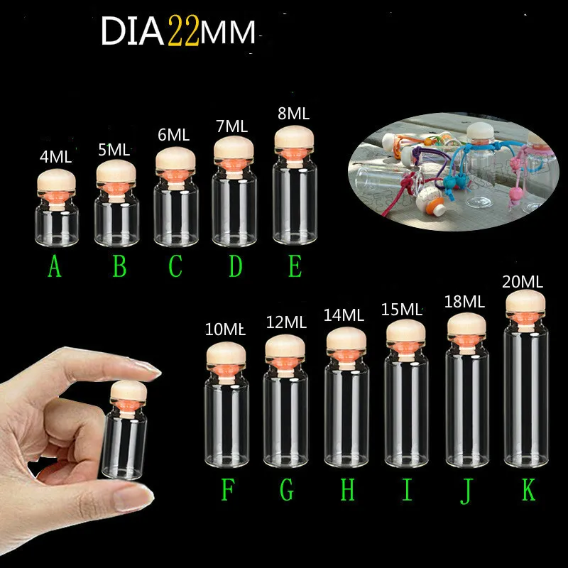 Dia 22mm 4ml 20ml Clear Transparent Glass Bottles Wood Lid Cork Stopper 