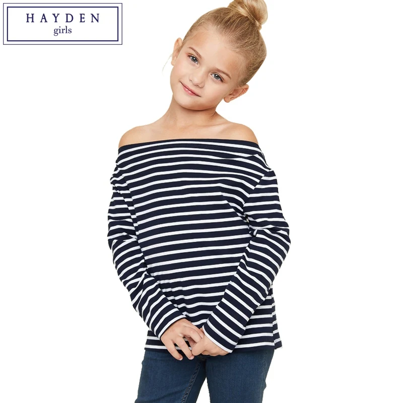 

HAYDEN Girls Stripe Blouse Kids Long Sleeve Off Shoulder Tee Shirt Children Cotton Tops Clothes Fashion Teenager Girl Clothing