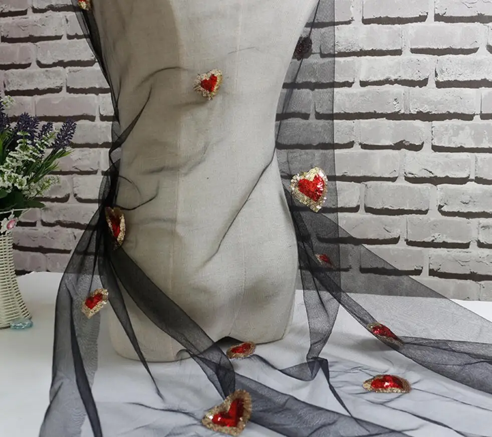 1Yard Heart Sequin Applique Chiffon Fabric Lace Cloth For Handicrafts Apparel Sewing Wedding Dress DIY Clothing Doll Cap