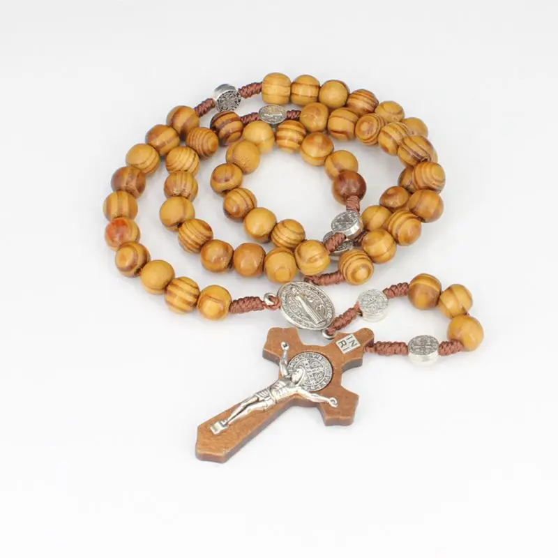 Handmade Brown Wood Cross Rosary Necklace Strand Religious Jewelry
