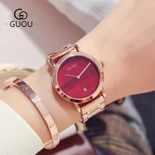 GUOU Роскошные Брендовые женские часы из нержавеющей стали с Циферблатом из розового золота, простые женские наручные часы с календарем, женские наручные часы