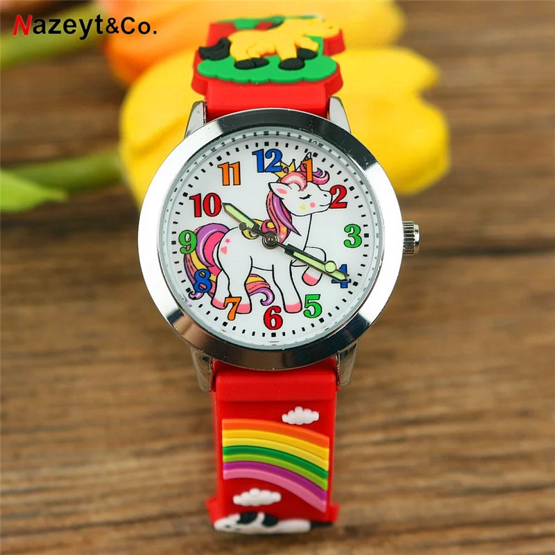 2021Kids cartoon pony quartz watch kids cute animal unicorn 3D silica gel luminous pointer wrist watch