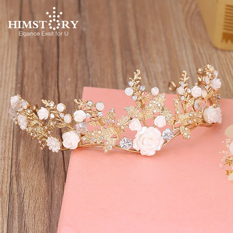 

HIMSTORY New Coming Bride Headdress Retro Hair Jewelry Gold Flower Rhinestone Flower Crown Women Wedding Accessory
