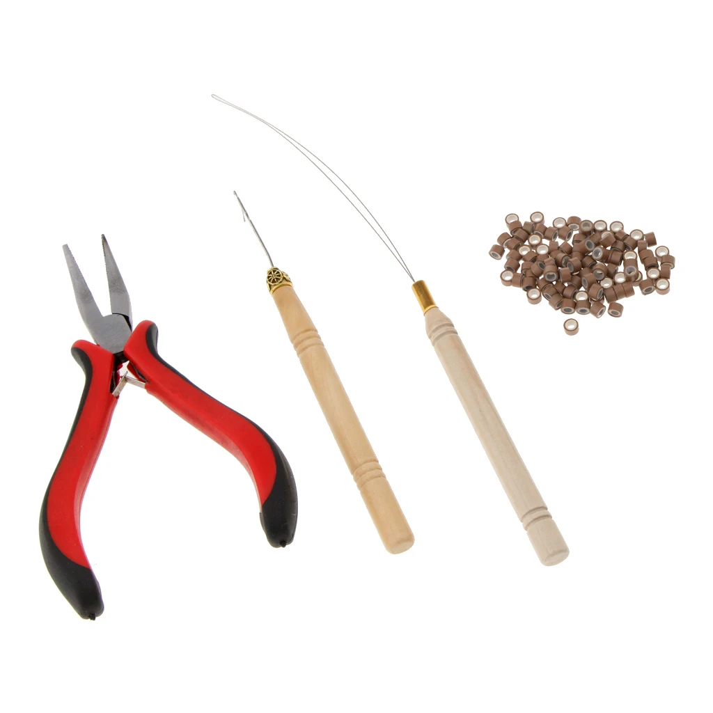Professional Hair Extensions Pliers Hook Tool Kit  with 100pcs Silicone Micro Rings Loop 3mm