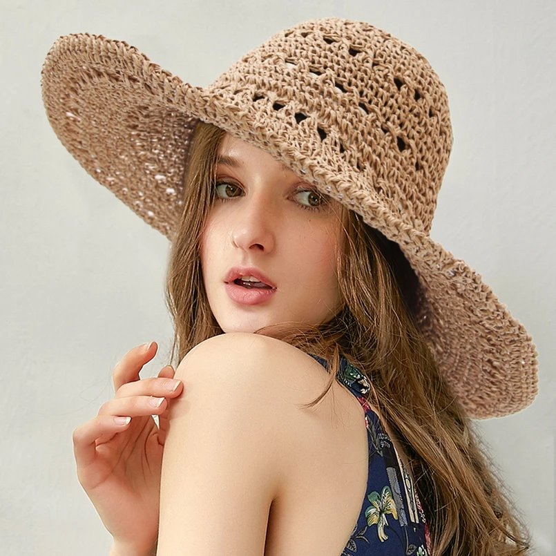 

GEMVIE 2019 Trendy New Foldable Summer Straw Hat For Women Paper Woven Floppy Wide Brim Sun Hat Big Hollow Out Panama Beach Cap