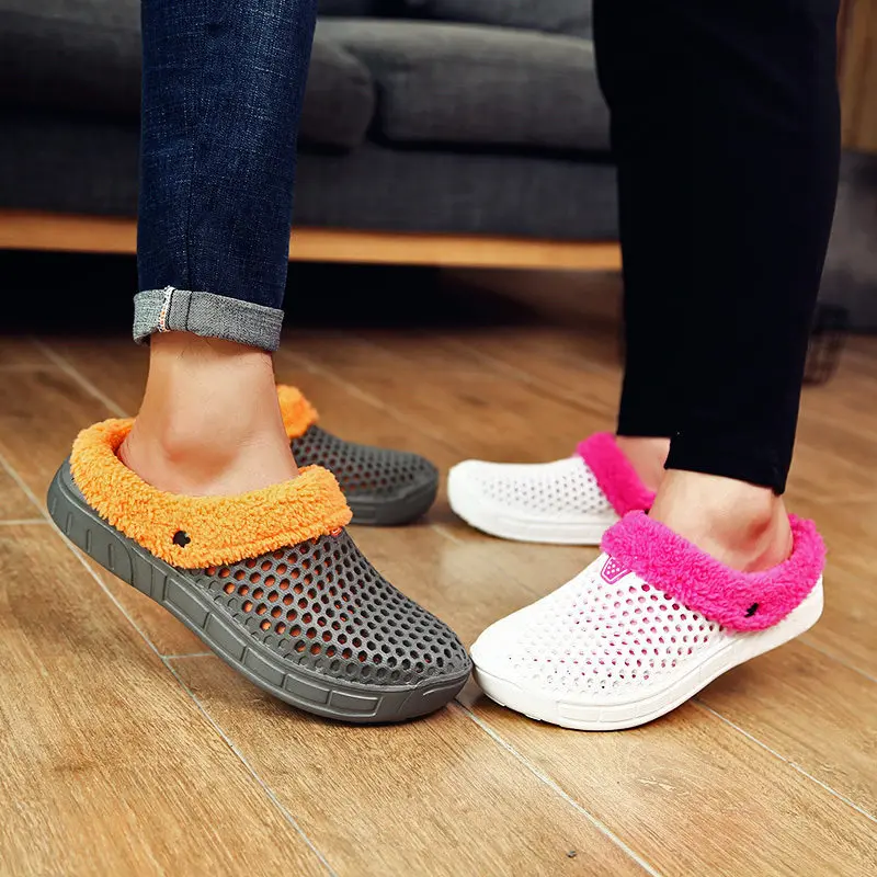 

New Winter Warm Slippers Men Indoor Shoes Casual Crocus Clogs with Fur Fleece Lining House Floor Men's Sandals Slipper