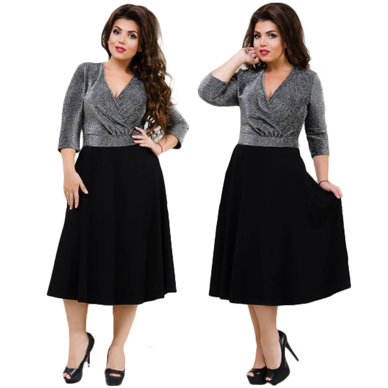 2018 Sexy Party Dress 5XL 6XL Metallic Knit Flare Black Summer Dress Plus Size Women Dress
