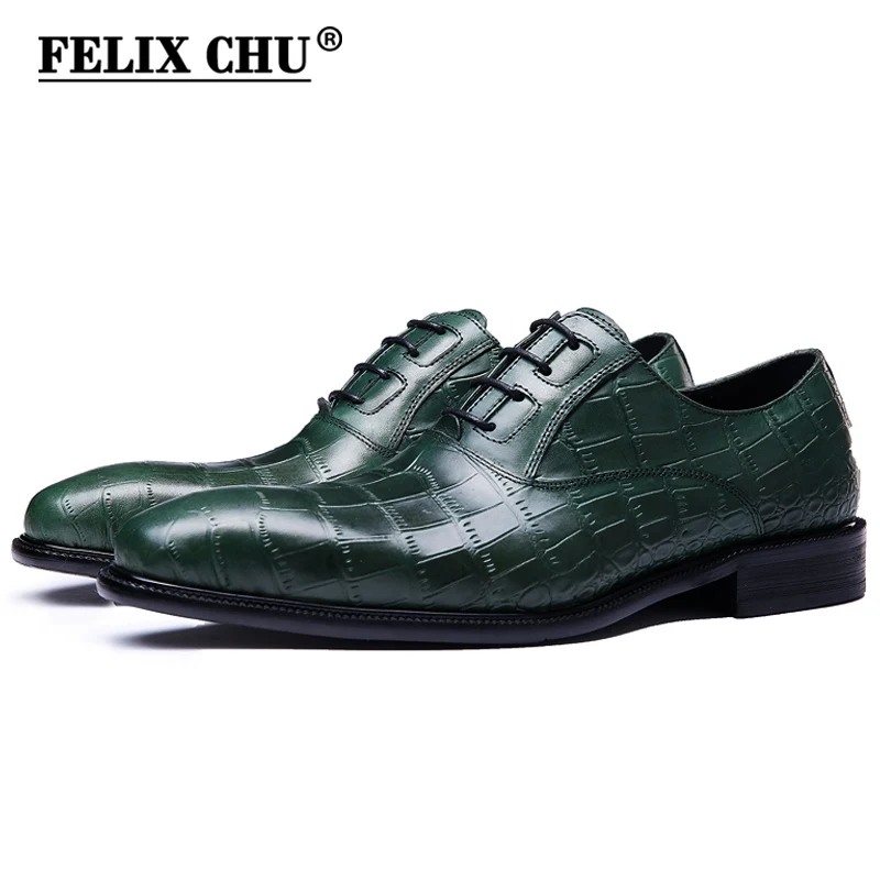 baratas FELIX CHU Italiano Primavera Outono Homens Sapatos Genuíno Couro De Vaca Crocodilo Impressão Homem de Partido Formal Do Casamento Sapatas de Vestido Verde
