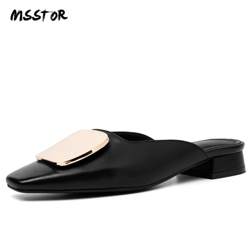 

MSSTOR Cow Leather Flats Women Slippers Black Square Toe Outdoor Metal Decoration Mules Woman Casual Solid Summer Slippers Women
