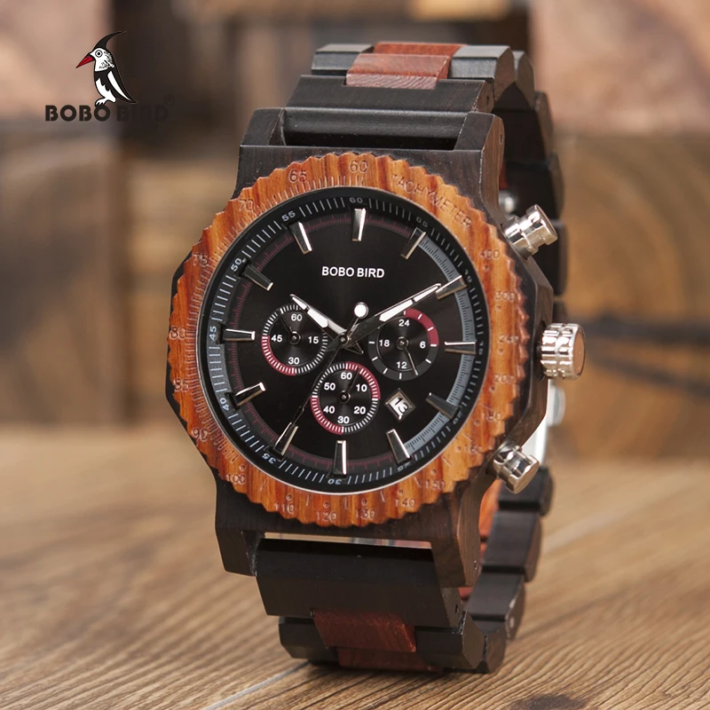 Big Size Wood Watch BOBO BIRD Men Fashion Luxury Wristwatch Timepiece Chronograph Date Display relogio masculino In Box L-R15
