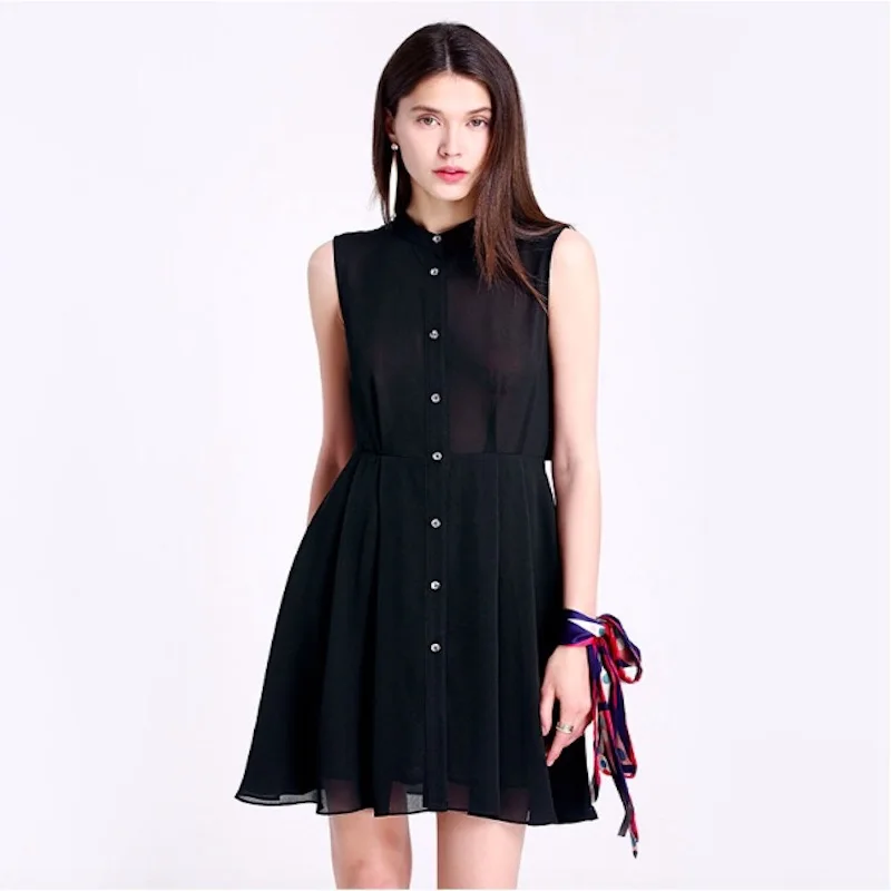 2018 Summer Stand Collar Sleeveless Back Pleated Shirt A-line Dress Dresses