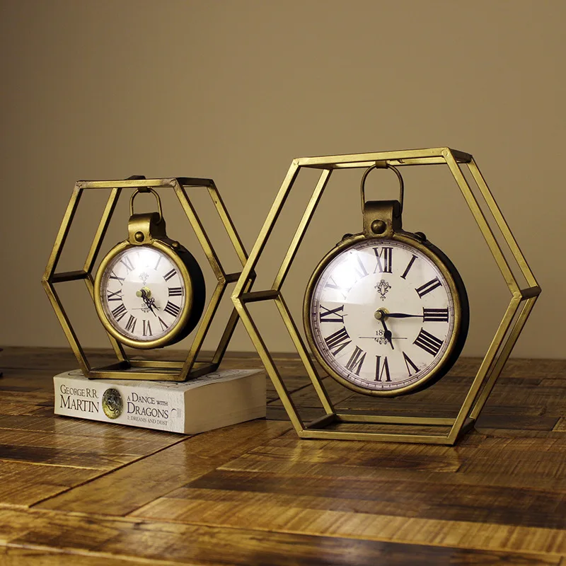 

TUDA Free Shipping 11 Inch Vintage Style Hexagon Table Clock Art Decoration Metal Table Clock Luxury Mute Quartz Table Clock