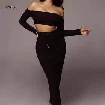 

Summer Women Set Sexy Bandage Crop Top And Maxi Skirt Set Bodycon Set Long Sleeve Off Shoulder Solid Party Club Two Piece Set