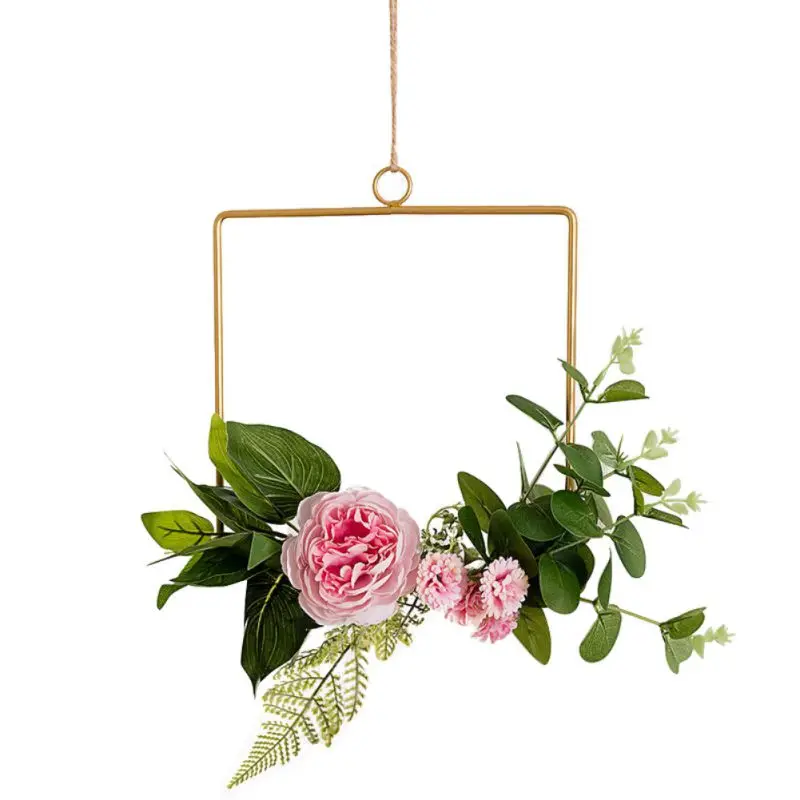 Geometric Metal Wire Wreath Hoop Frame Artificial Flower Garland Wall Hanging Decorations Wedding Party Backdrop Top - Color: F