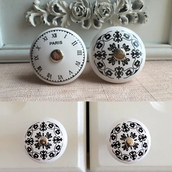 

4pcs Vintage Pairs Clock Print Ceramic Knobs Round Cabinet Drawer Pull Cupboard Knob handles for Kid's Room Furniture Hardware