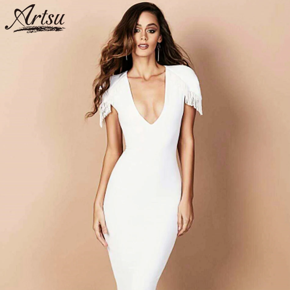 Artsu White Elegant Low Cut V Neck Dress Celebrity Party Bandage