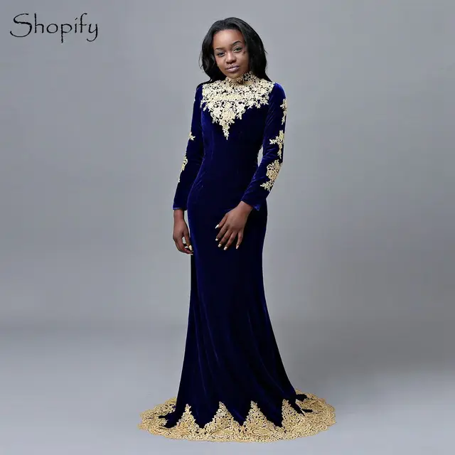 blue and gold long sleeve prom dress