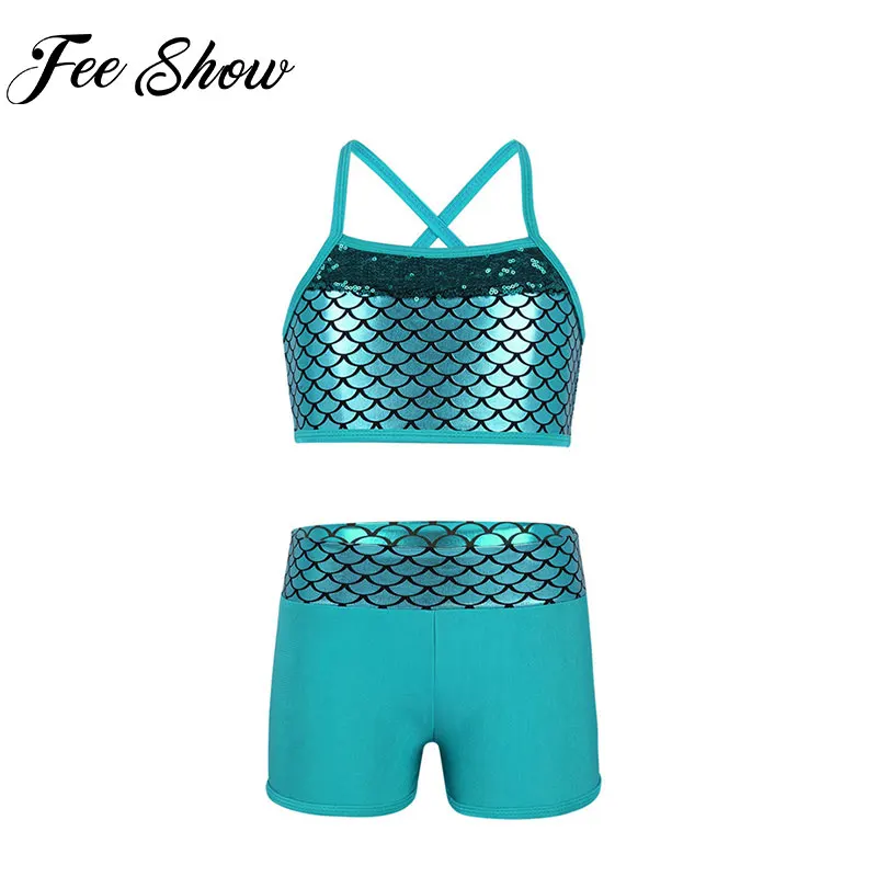 

FEESHOW Kids Girls Ballet Leotard Outfit Sequins Mermaid Tank Top with Shorts Tankini Child Gymnastics Leotard Ballerina Costume