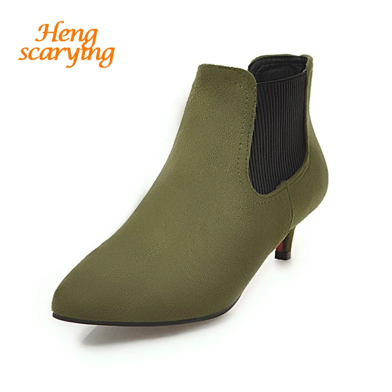 

2018 Plus Size Women Ankle Boots Winter Flock Boots Female Fetish 4cm Kitten Suede Flock Green Red Stretch Heels Bootee Shoes