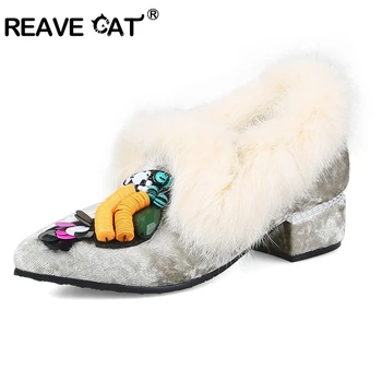

REAVE CAT Ladies shoes Pointed toe Square heels Fashion Big size 34-48 Spring Autumn Appliques Pumps Sweet Faux fur Flock A785