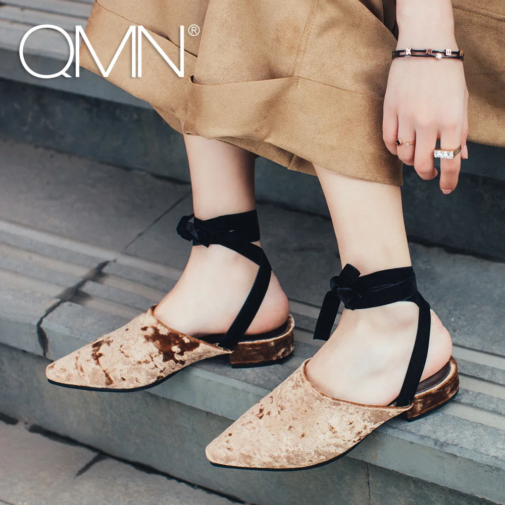 

QMN women velvet slippers Women Retro Square Toe Low Heels Mules Ankle Strap Summer Leisure Shoes Woman Slides