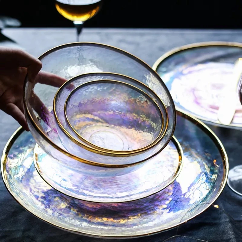 US $23.37 Luxury Rainbow Glass Dinner Plates Food Plates Desset Plate Cake Dish Salad Bowl Fruit Bowls Food Storage Glassware Dinnerware